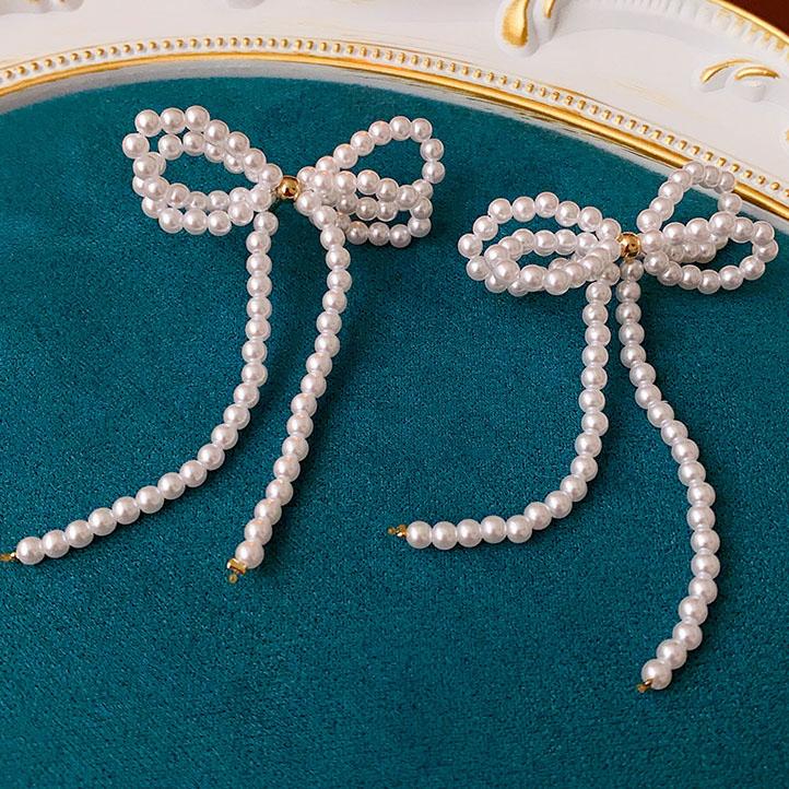 Witte Strik Imitatie Parels Kwastje Hangende Oorbellen voor Vrouwen Temperament Veelzijdige Mode Oorbel Elegante Sieraden Groothandel