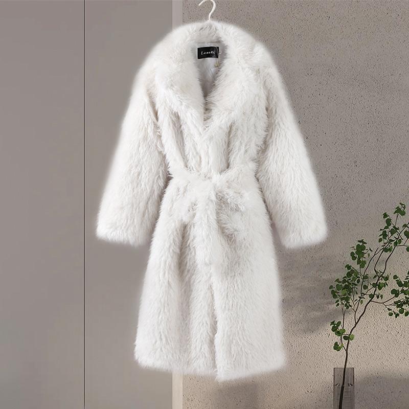 

Повседневный пояс из искусственного меха длинное женское пальто городской длинный рукав лацкан карман утолщенный женский уличный стиль 2025 зимняя элегантная женская верхняя одежда XL белый
