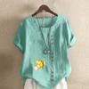 Women's Fashion Goldfish Prined Round Neck Short Sleeve T-shirt Casual Cotton Linen Graphic Shirt Leisure Loose Summer Blouse Tops