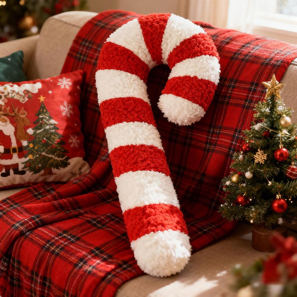 Comfortable Candy Cane Shape Cushion Christmas Decoration Soft Plush Candy Cushion Christmas Throw Pillow For Living Room Sofa