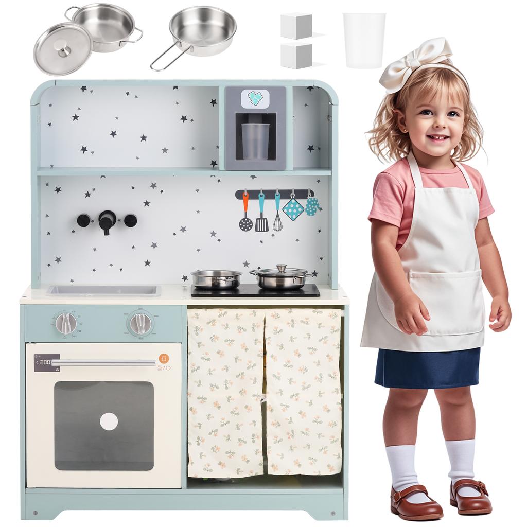 Children's Kitchen with Ice Maker and Microwave, Accessories and Surprise Effects, Gift for Children Aged 3 and Up, Wood + Plastic, Blue, 29x60x81cm