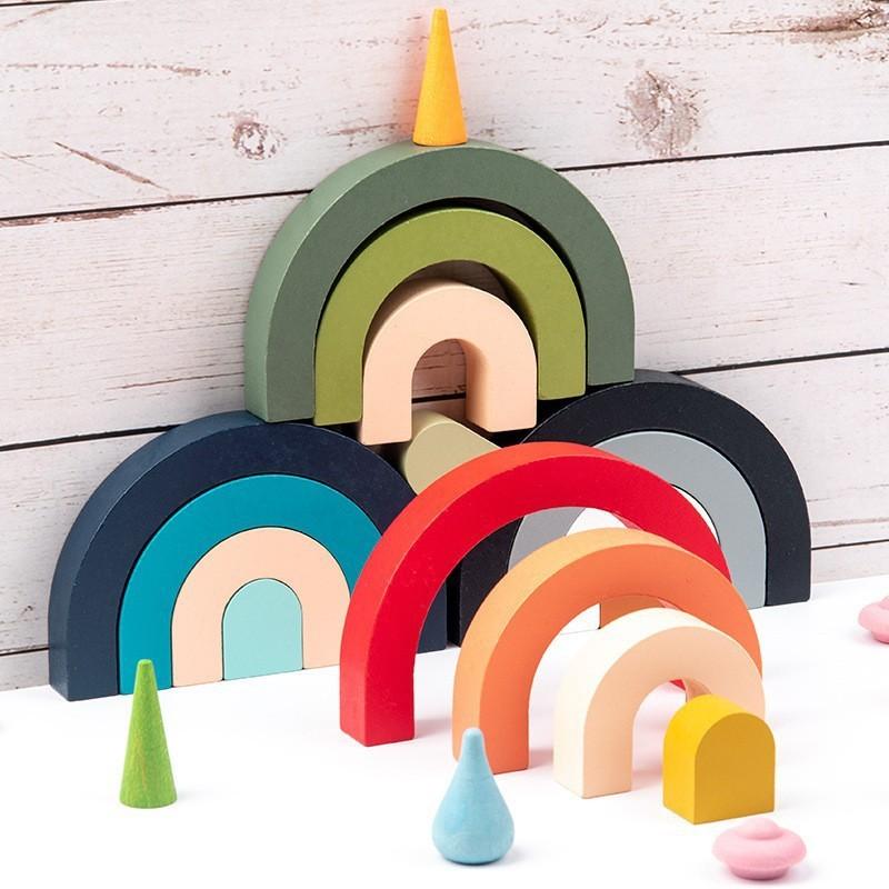 Children's Rainbow Arch Bridge Semicircular Building Block Wooden Rainbow Ornament Curved Plate Colorful Shape Rainbow People Stacked Music Toy