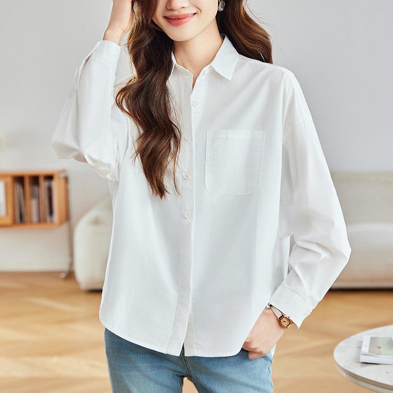 

White Shirt Women s Long Sleeves Medium and Long Loose Top Spring New Simple and Exquisite Commuter Shirt XXL небо синє кольору
