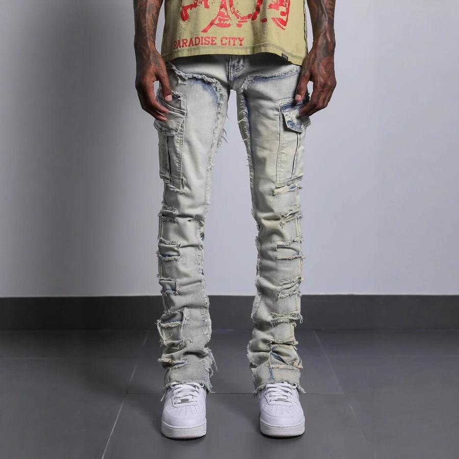 

New Men s Straight-Leg Jeans: Street Style, Instagram-Ready, Stretch Patchwork Straight-Leg Jeans S светло-синий