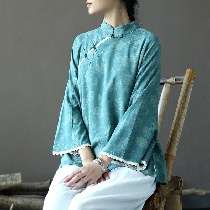 

Johnature Женские рубашки винтажный жаккард осенние топы стойка высокое качество женские блузки осенние рубашки на пуговицах One Size