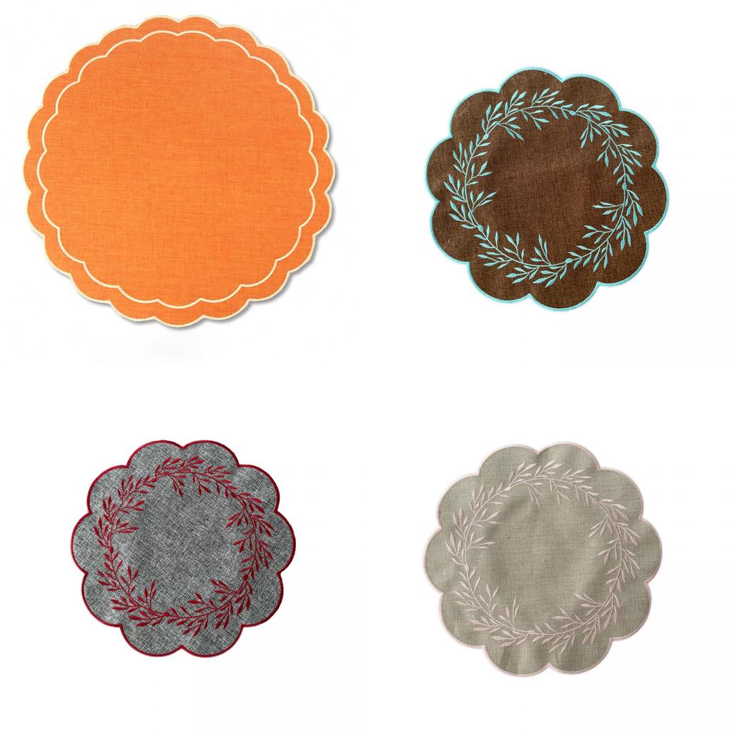 Embroidered Fabric Round Placemat With Oilresistant Surface For Kitchen Use