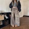 VIONA Pantalon Casual Droit à Imprimé Lettres Rétro Américain Délavé Pantalon Long Lâche Large Fluide Style Décontracté pour Femmes