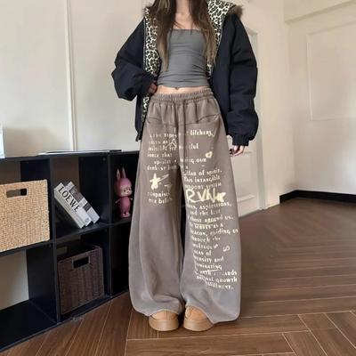 VIONA Retro American Distressed Letter Print Straight Leg Casual Pants Women's Fashion Loose Wide Leg Drapey Lazy Long Trousers