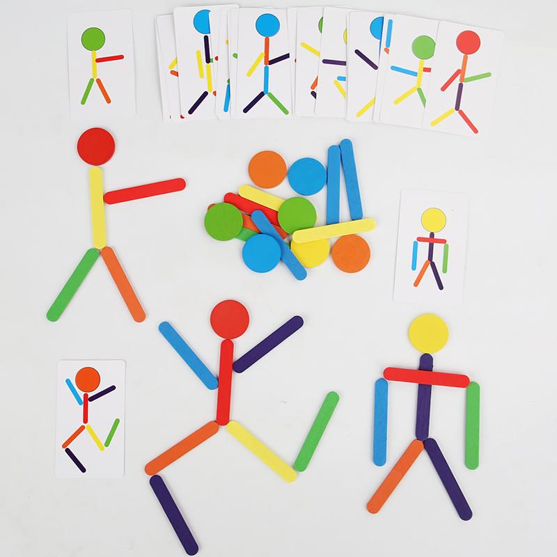 Dzieci Montessori Trening Motoryki Małej Drewniane DIY Dopasowywanie Kształtów Puzzle Zabawki Edukacyjne Dla Dzieci Gra Myślenia z Kolorowymi Patyczkami