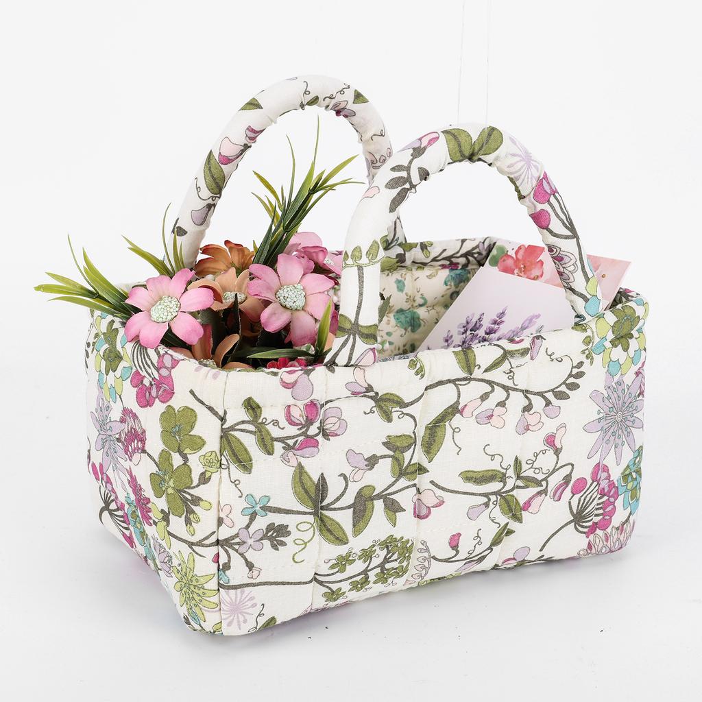Floral Quilted Baskets with Handles Collapsible Floral Laundry Hamper Portable Folding Storage Basket for Household Kitchen