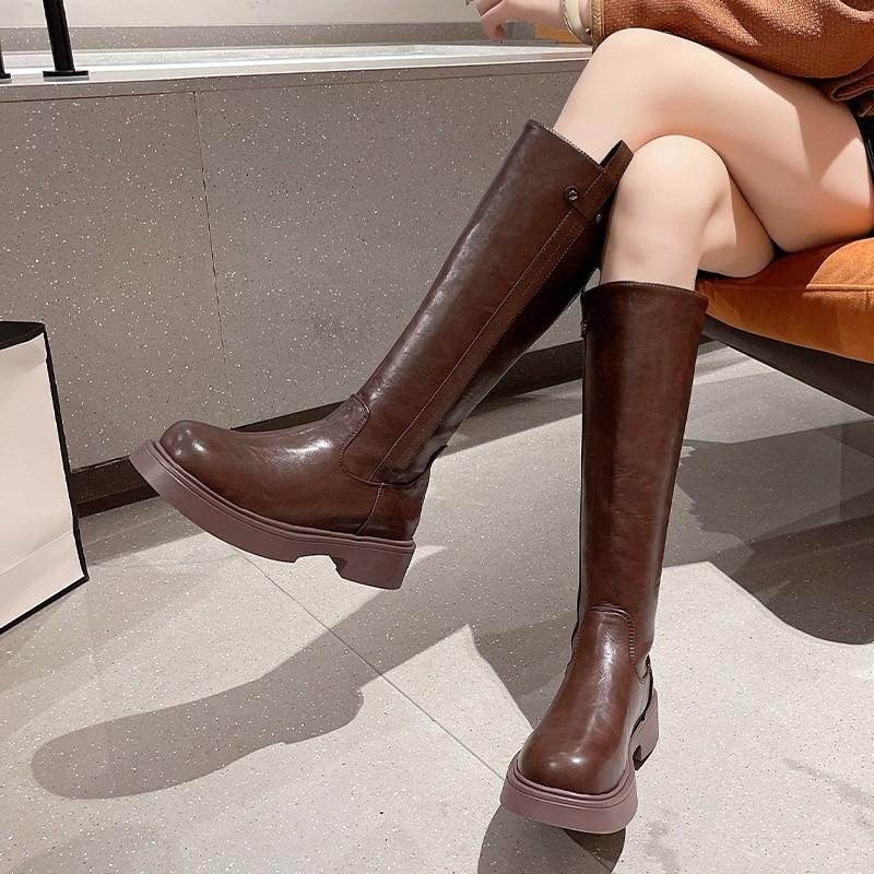 Soft leather boots autumn and winter new knight boots thin boots versatile medium boots women's thin cigarette boots