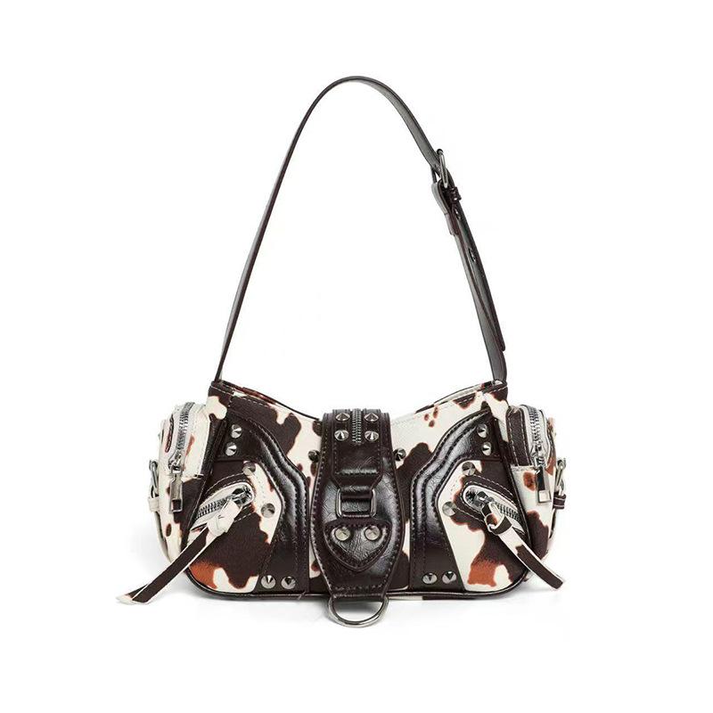 European American Y2k Studded Shoulder Bag Retro Motorcycle Bag Stylish Leopard Print Cow Print Handbag Designer Underarm Bag