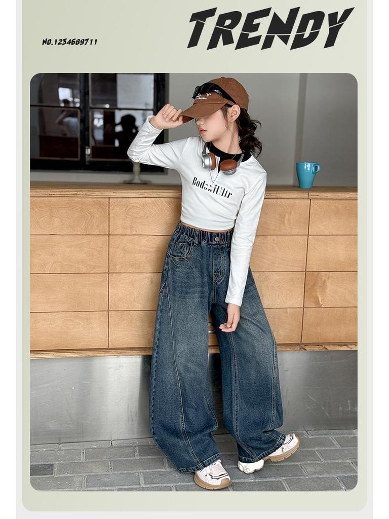 Girls' Trendy Spring/Autumn Wide-Leg Jeans: 2025 Fashionable Scimitar Workwear Pants