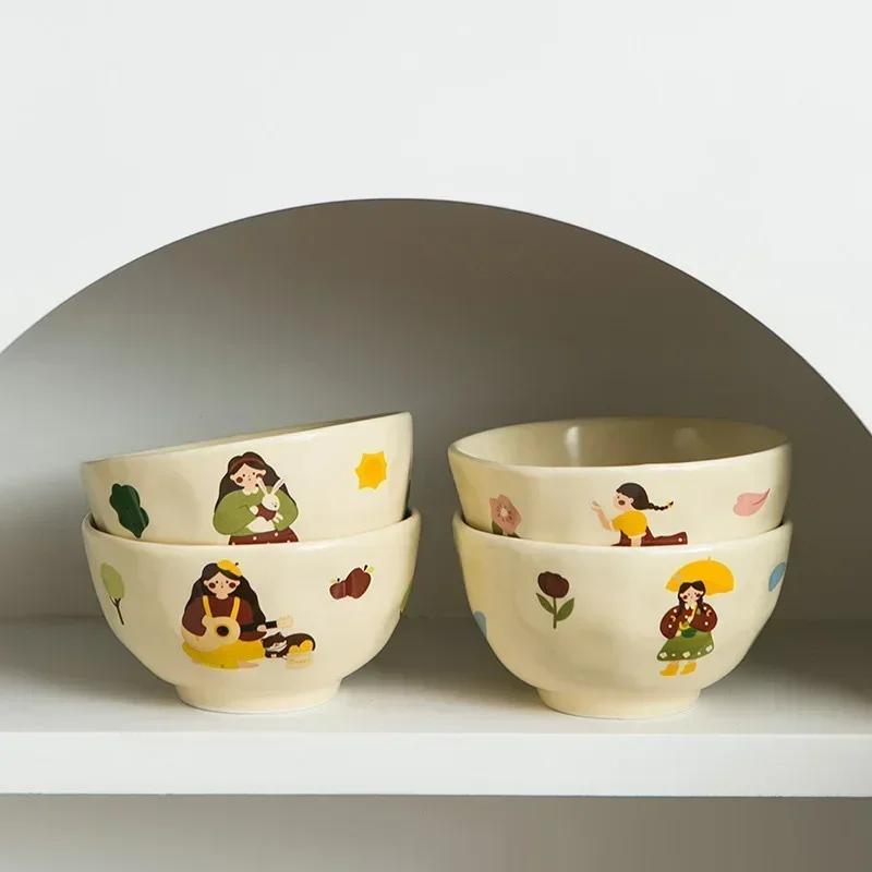 Ceramic Dinner Plate Bowl Cup with Lid Household Cute Girl Tableware Rice Bowl Cartoon Breakfast Plate Coffee Mug Birthday Gift