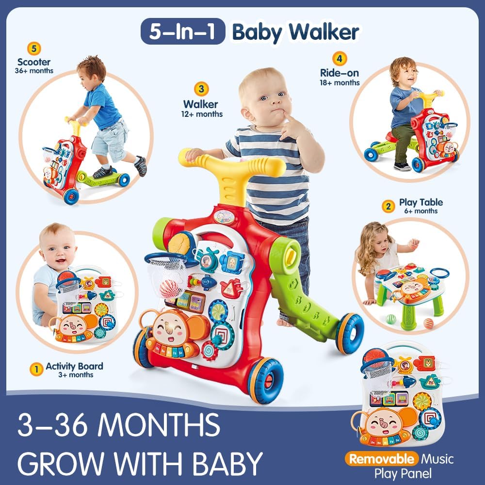 Vatos Baby Walker 5 In 1 Sit-To-Stand Learning Scooter Balance Bike Push Walker Table Toys With Music For Toddlers Infant Kids