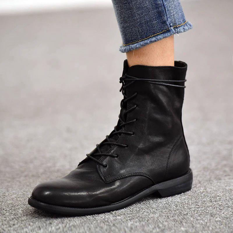 Fashion Concise Style Lace Up Black Ankle Boots Women Luxury Zip Soft Leather Riding Boots Autumn Winter Comfortable Flat Botas Mujer