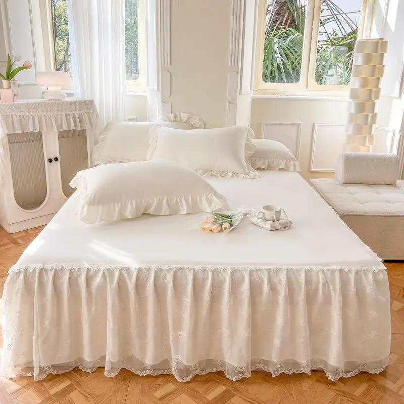 100% Cotton Princess Lace Bed Skirt + 2 Piece Pillowcases Bedding Bedspreads Sheet Pink Lace Bedding Set Bed For Girl Bed Cover