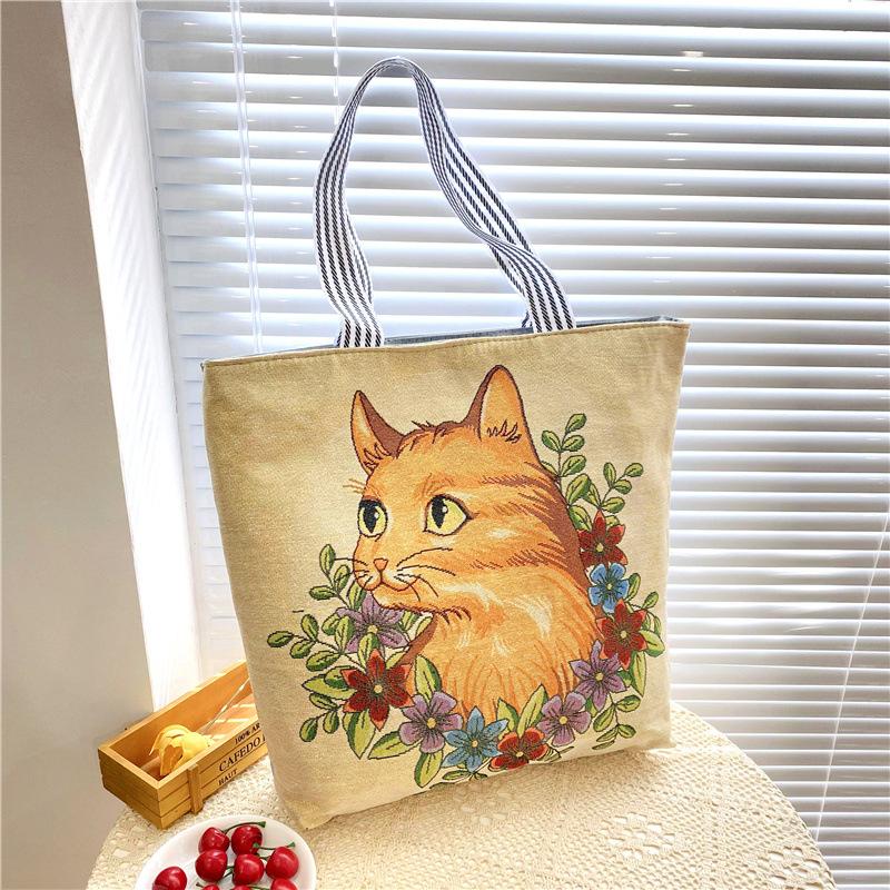 Canvas Bags Handbag For Women Shopper Cute Cat Shopping Tote Bag With Zipper Designer Bag Japanese Style Cartoon Large Shoulder Bags