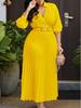 Women's 2025 Spring V-Neck Solid Color Long Sleeve Pleated Dress