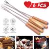 6Pcs Stainless Steel Fondue Forks Wood Handle Chocolate Fork Heat Resistant Hot Pot Fruit Dessert Fork Fondue Skewer Kitchen Tool