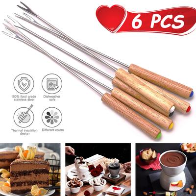 6 sztuk widelców do fondue ze stali nierdzewnej z drewnianą rączką, widelec do czekolady, odporny na ciepło, do gorącego garnka, widelec do owoców i deserów, szpikulec do fondue, narzędzie kuchenne