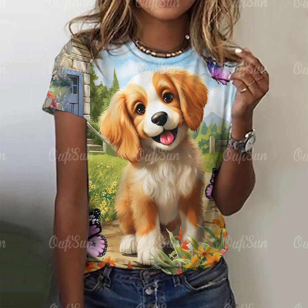 Kawaii Puppy Print Damen T-Shirt Harajuku Kleidung für Damen Casual Style Kurzarm T-Shirts Rundhals Hundert Streetwear Tops
