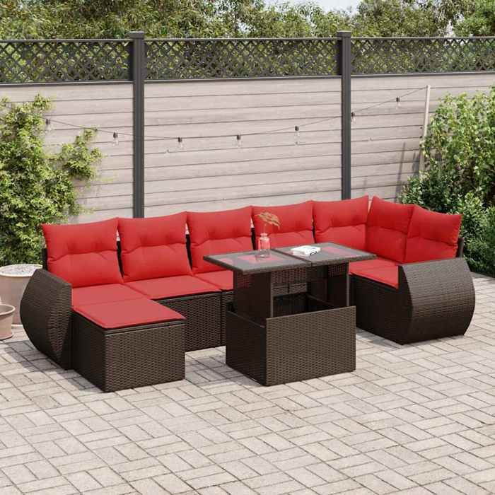 VidaXL Salon de jardin 8pcs avec coussins marron résine tressée acacia, ensemble de canapés d'extérieur, salon de jardin 3326685