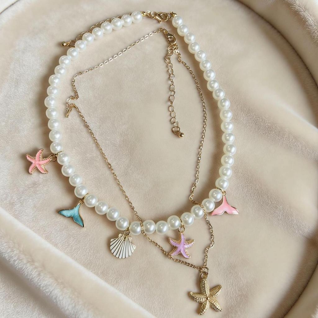 Vintage Vacation Style Starfish Shell Conch Necklace Niche Multi-Layer Stacked Collarbone Chain Spice Girl Neck Chain Accessories