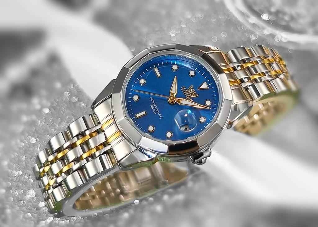 OPK Quartz Watch Easy to Date Water Stainless Steel Band Blue Gold Women's - Fashionable, Popular, Casual, Stylish, Lightweight, Read, Display,