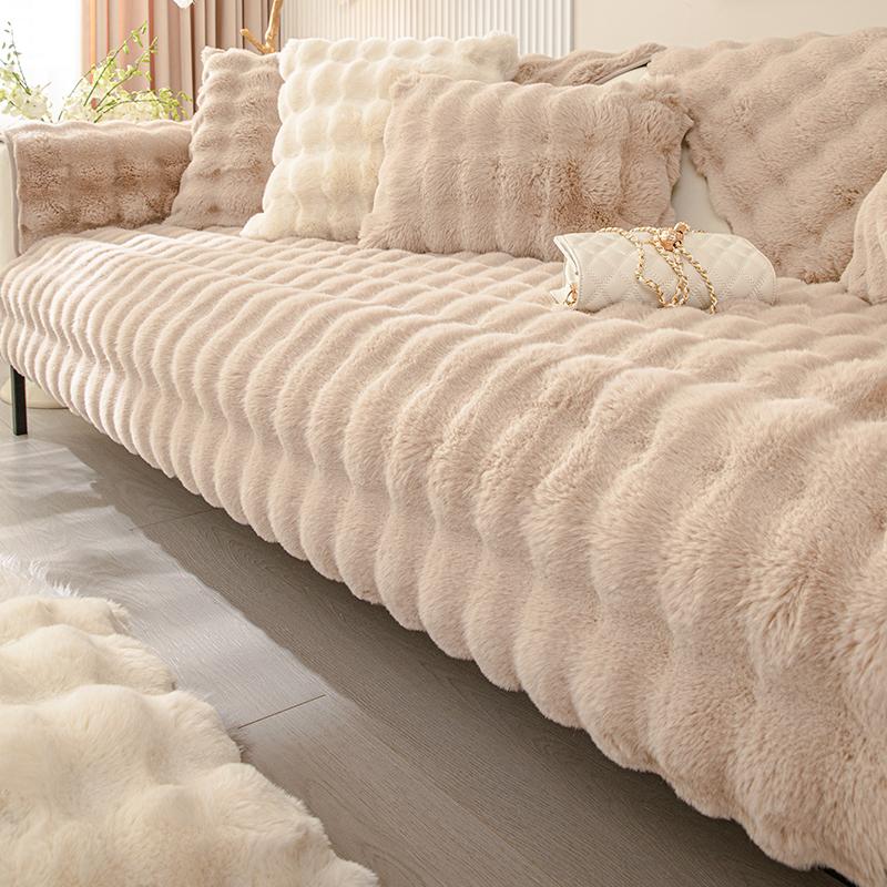Cojín de sofá de felpa de conejo de burbujas, cojín antideslizante de invierno, funda de sofá de cuero ligera, gruesa, Simple, de alta gama