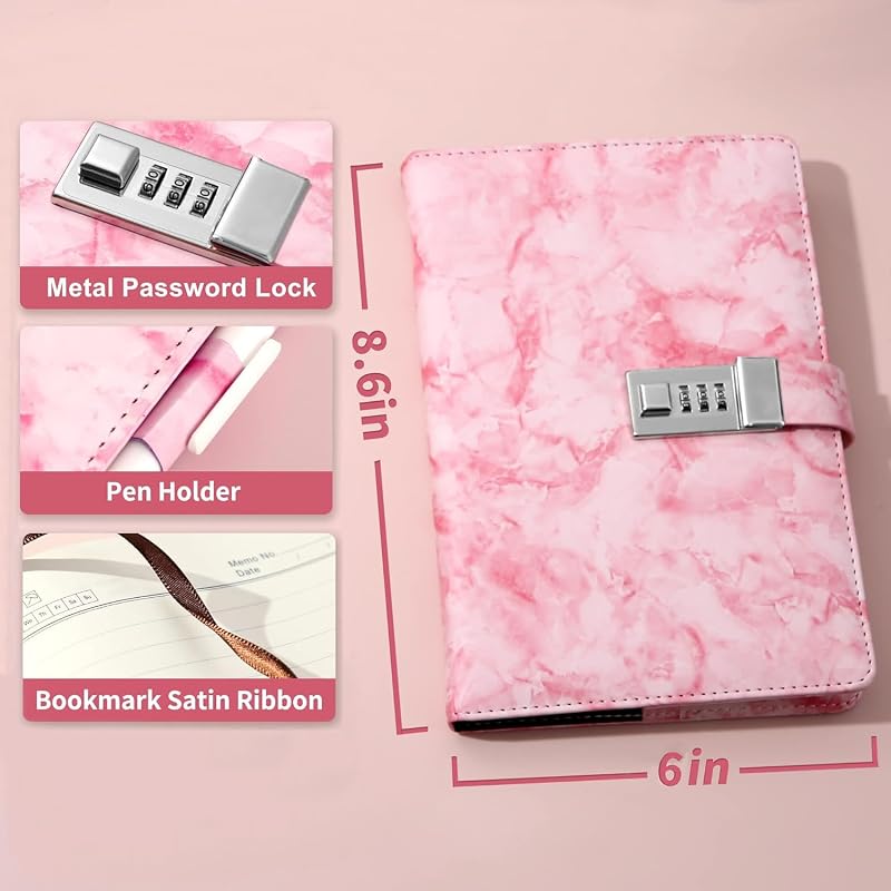 AccuPrints Marble Pattern Lock Diary Writing Notebook,A5 Fancy PU Leather Planner, Personal Journals Combination Lock Se