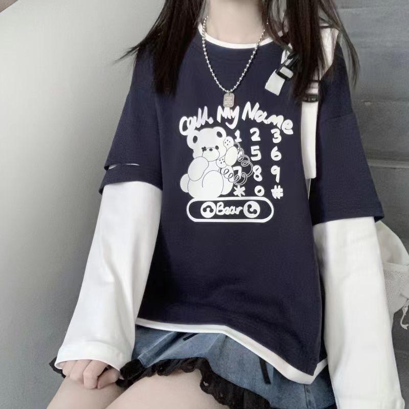 Autumn Teen Girls Harajuku Cartoon Bear Print Fake 2 Pieces T-shirt Patchwork Long Sleeve Y2K T-Shirt Women Sweet Clothes