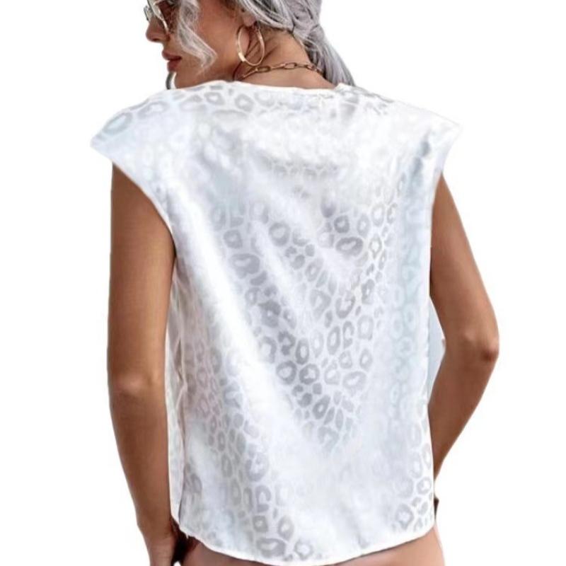 Letní nové kulaté výstřih s leopardím potiskem sexy dámské košile elegantní saténové volné ležérní halenky s krátkým rukávem dámské štíhlé elegantní svetr dámská košile 26565