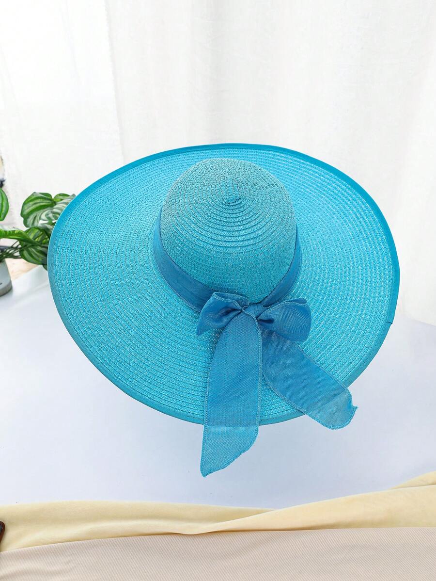 Zealous Sole Women's Orange Casual Elegant Bowknot Straw Sun Hat With Wide Brim Uv Protection Windproof For