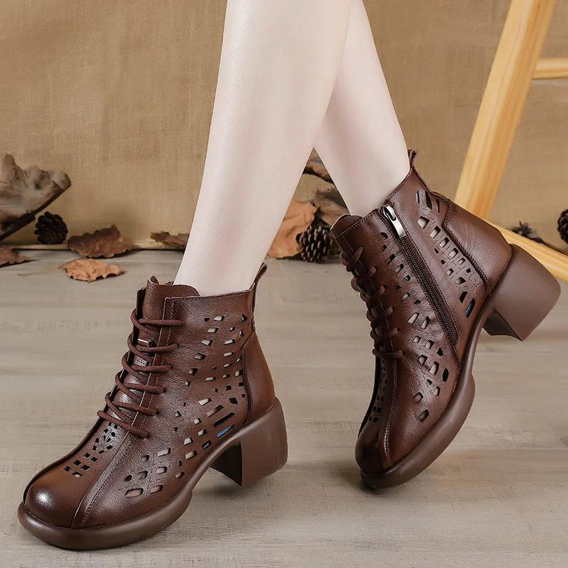 Fashion 5.5CM New Women Summer Ankle Boots Breathable Hollow Thick High Heel Casual Shoes Fashion Genuine Leather Retro Short Boots