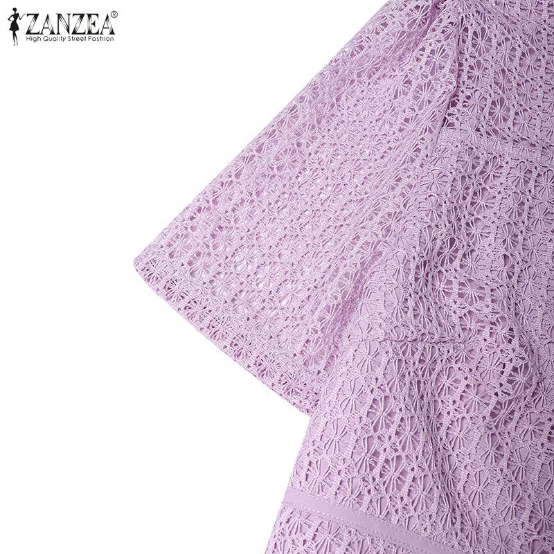 ZANZEA Women Turtleneck Casual Mesh Splice Summer Short Sleeve Dress