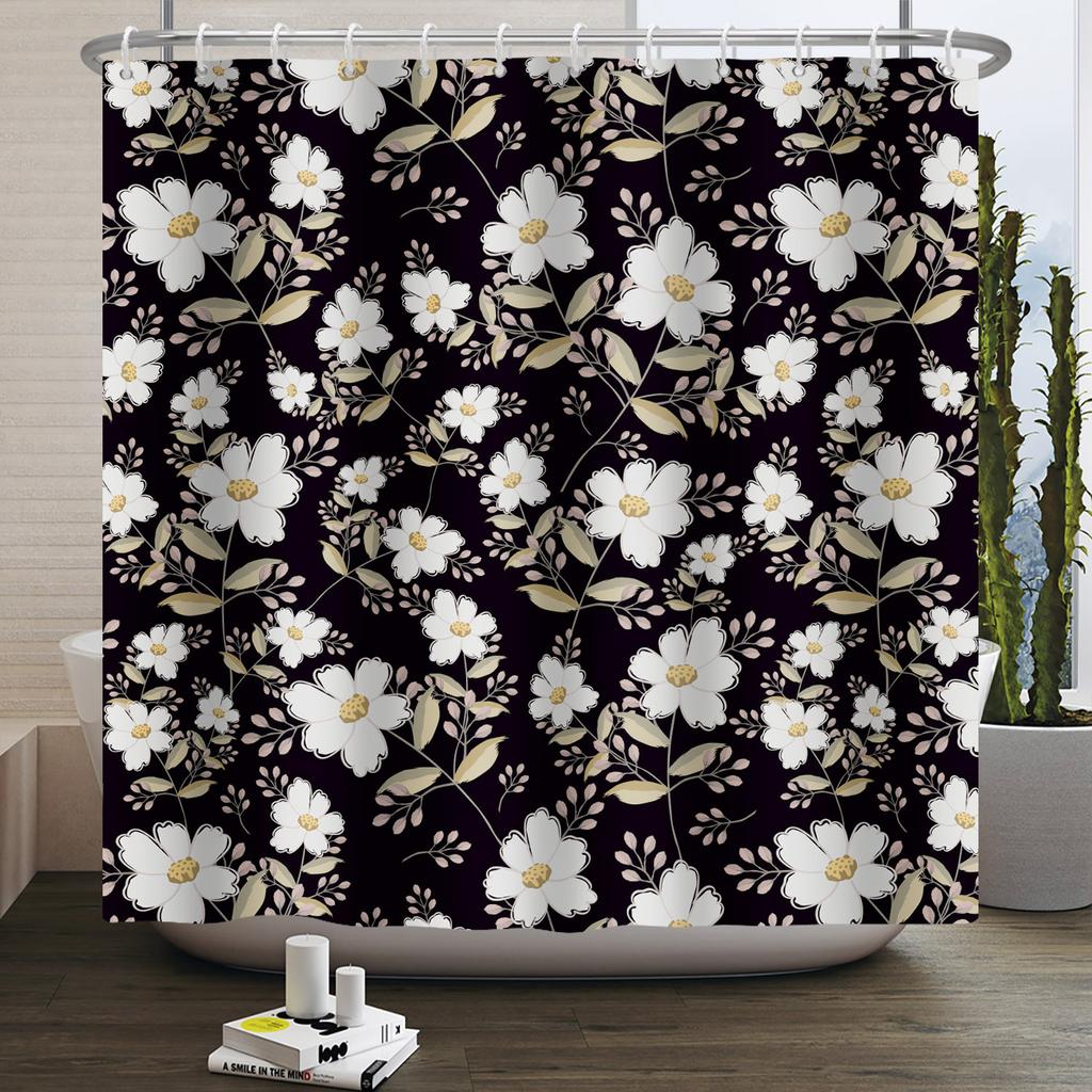 Schwarzer floraler Duschvorhang Ästhetisch Dunkel Wildblumen Botanische Blumen Badvorhang für Badezimmer Wasserdichtes Polyestergewebe