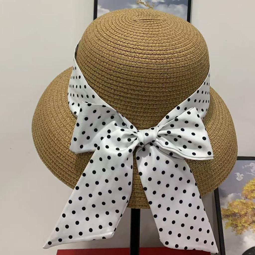 French Polka Dot Face Small Sunshade Straw Hat Women's Spring and Summer Fashion Versatile Sunscreen Bucket Hat Seaside Vacation Self-operated