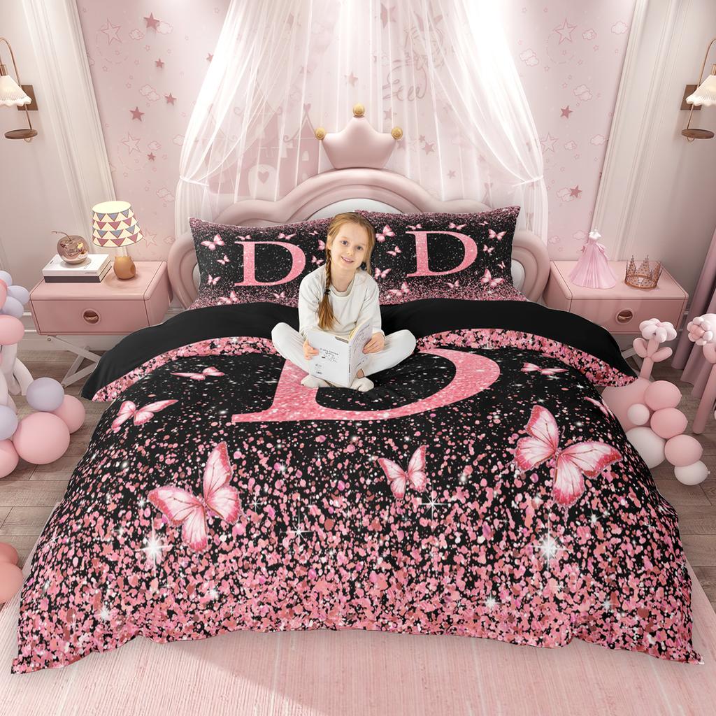 Homewish Initial Monogrammed Duvet Cover Set Black Pink Comforter Cover Set For Girls Butterfly Glitter Print Bed Set