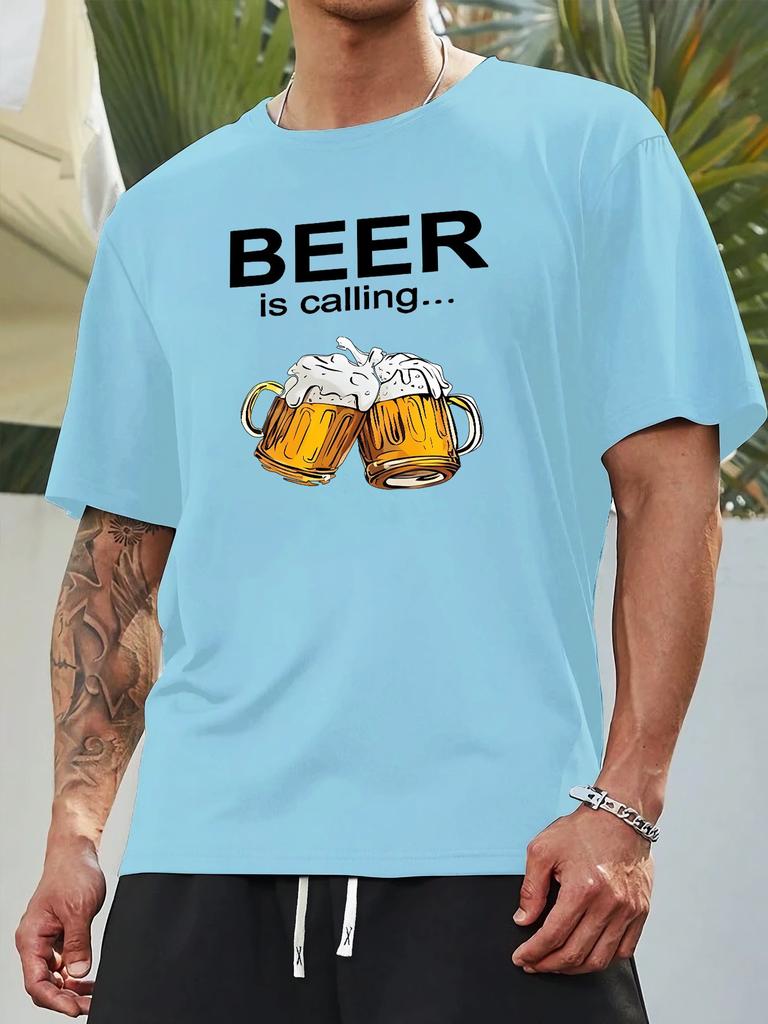 Unisex Beer Mug Cheers Graphic Tee Beer Is Calling Funny Print Cotton Short Sleeve Crew Neck Bar Pub Daily Casual Street Basic Top