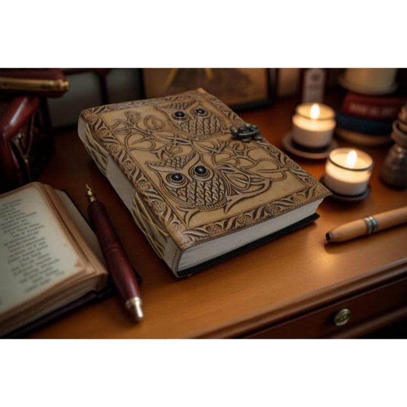 Owl Leather Grimoire Journal Handmade Blank Spell Book of Shadow Leather Sketchbook Travel Notebook Writers Gift For Her Him