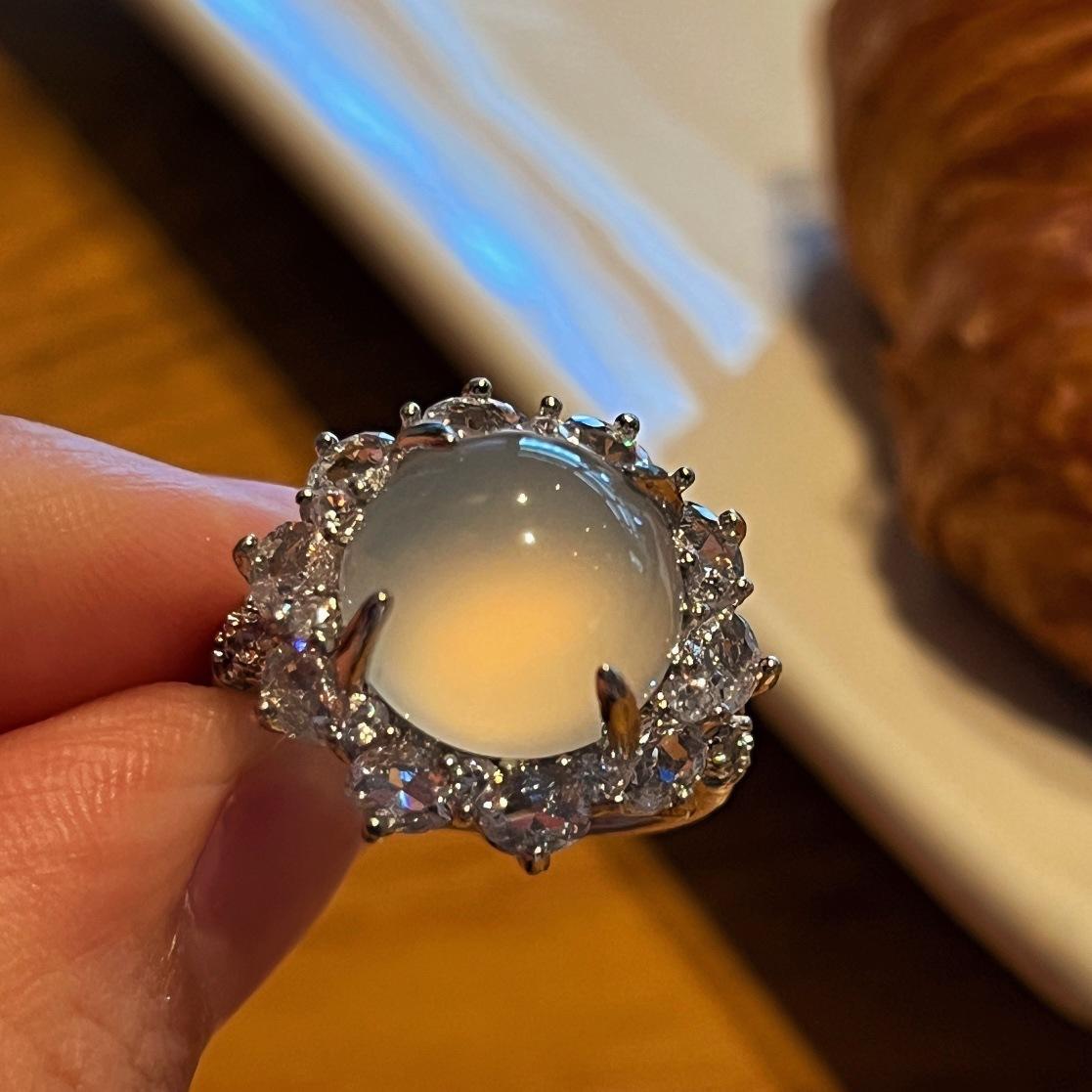 

Jade White Ice Color Glowing Natural White Chalcedony Ring Agate Ring Real Shot
