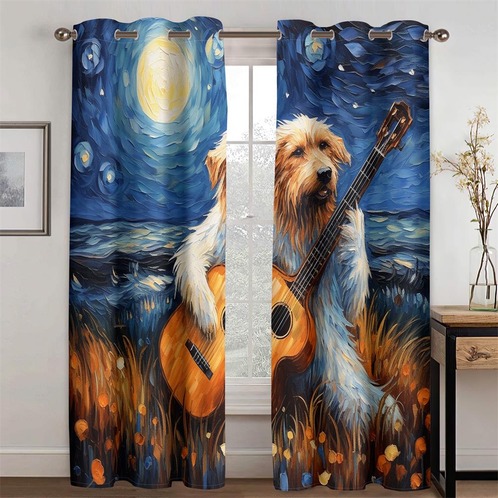 Pastoral Collie Guitar Curtains Van Gogh Oil Painting Style Living Room Bedroom Balcony Windows Decorative Curtains 2 Pcs