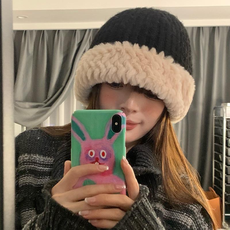 Plush knitted wool hat women's autumn and winter warm versatile cute face small new basin hat winter