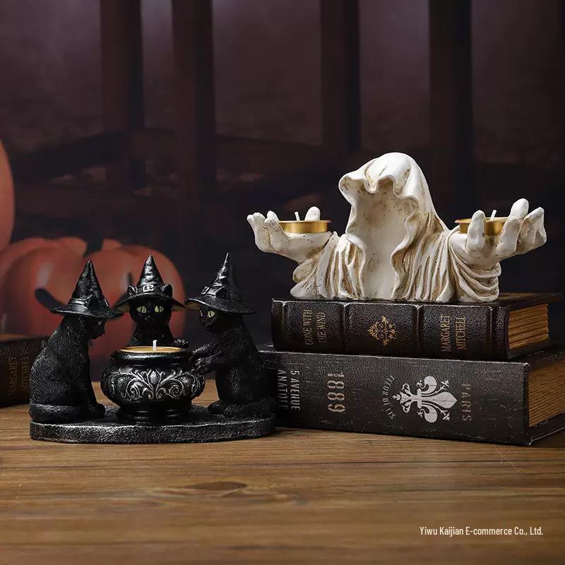 Halloween Wizard Cat Retro Candle Holder - Mysterious Dark Style Aromatherapy Ornament for Ghost Festival
