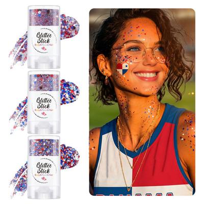 Independence Day Body Glitter Stick, Patriotic USA Flag Face Hair Glitter Accessories, Sparkling Red White Blue Glitter Makeup Stick for 4th of July