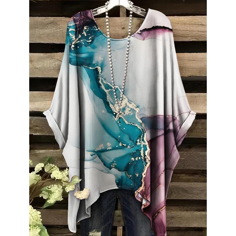 Women's Striped Checkered 3D Printed T-Shirt Summer Round Neck Casual Fashion Women's Loose Asymmetrical Hem Street Tops