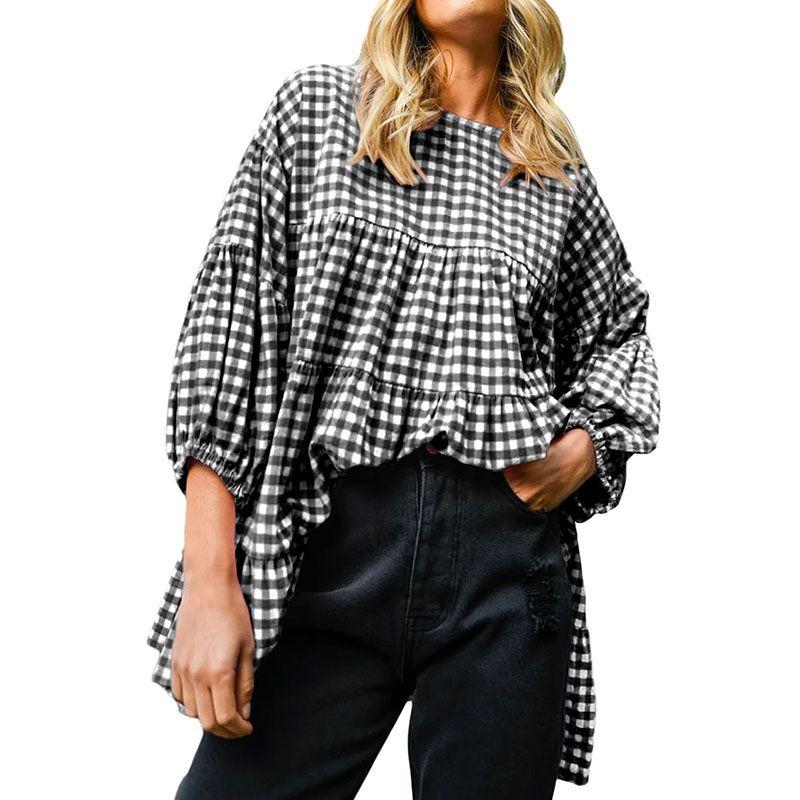 

American Shiying Autumn New Loose All-Matching Pullover Women 2025 Plaid Color Matching round Neck Chiffon Shirt Women Black Size M fit (55.00 kg-62.50 kg