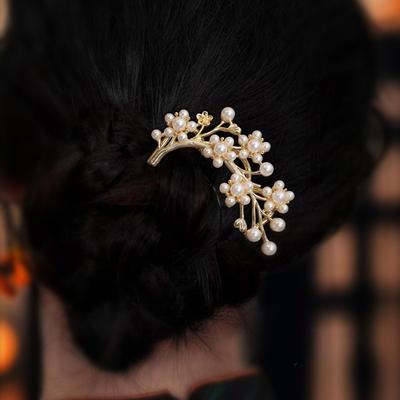 1 peine de inserción con perla de flor de ciruelo, temperamento elegante, disco para el pelo, horquilla en forma de U, horquilla de artesanía pesada, tocado antiguo Hanfu