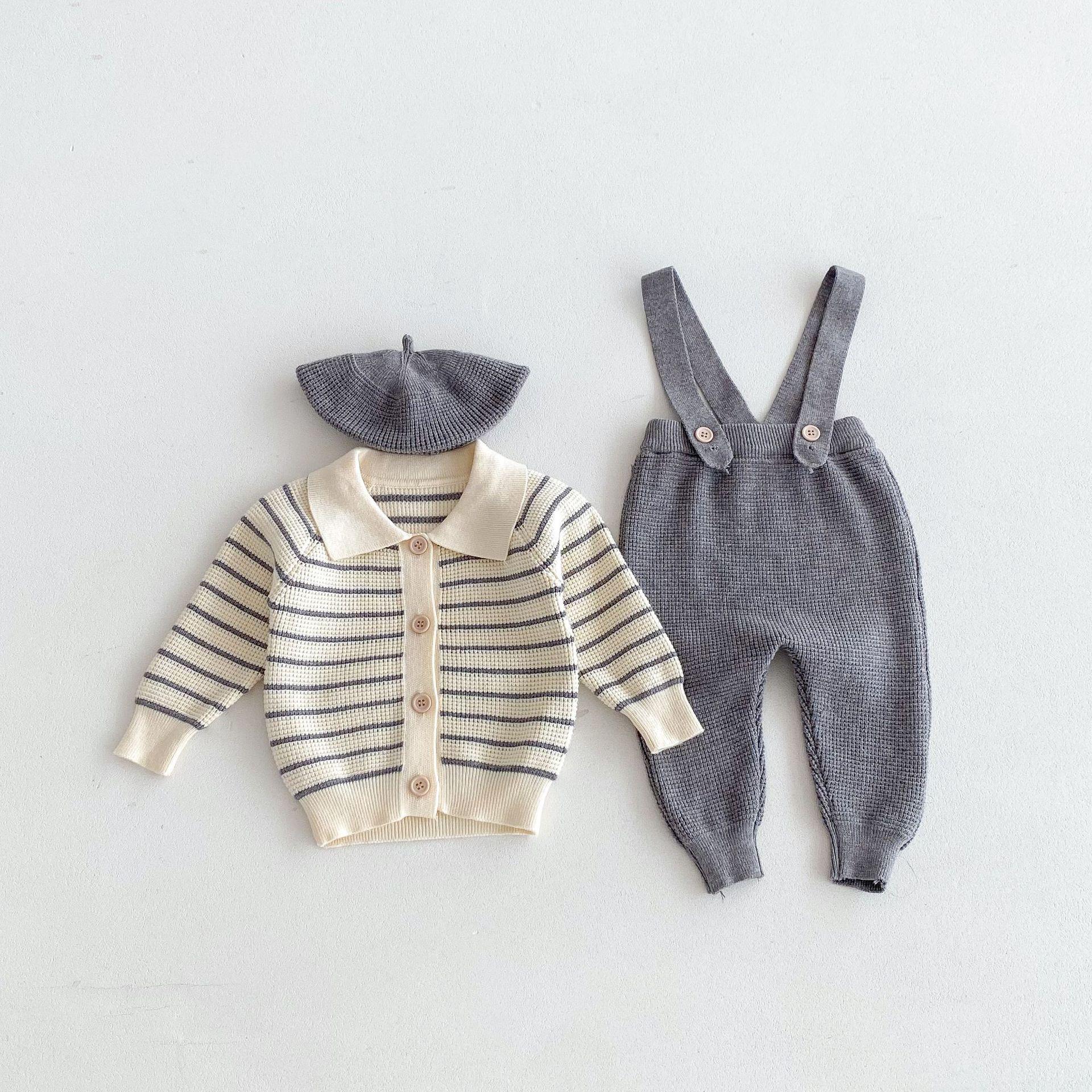 New Fall/Winter Infant Waffle Knit Cardigan & Striped Long Sleeve Overalls Set 90cm серый